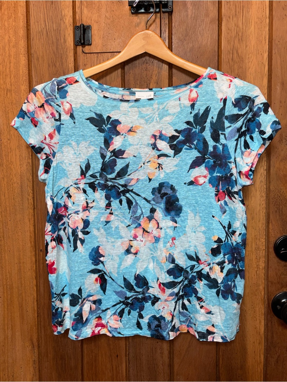 J. Jill Women's Blue Linen Floral Short Sleeve Tee
